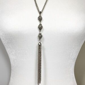 Charter Club silver tone long Chrystal tassel necklace